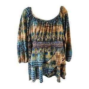 Venezia Top Womens 18/20 Brown Blue Gold Sequin Metallic Accent Babydoll Fairy